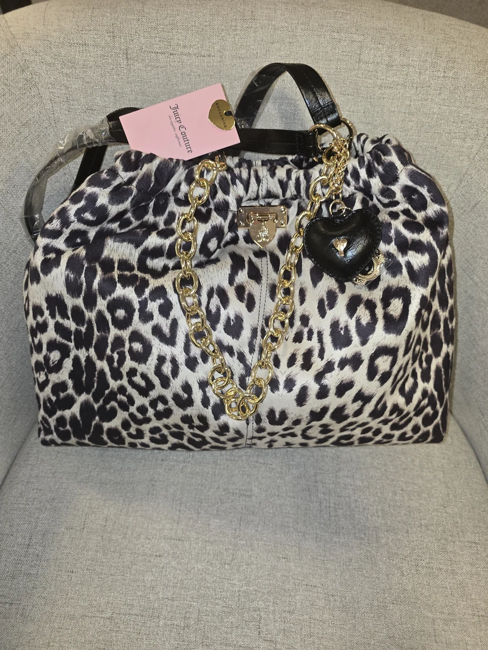 Juicy Couture Black and White Leopard Print Tote with Gold Chain and Heart Charm
